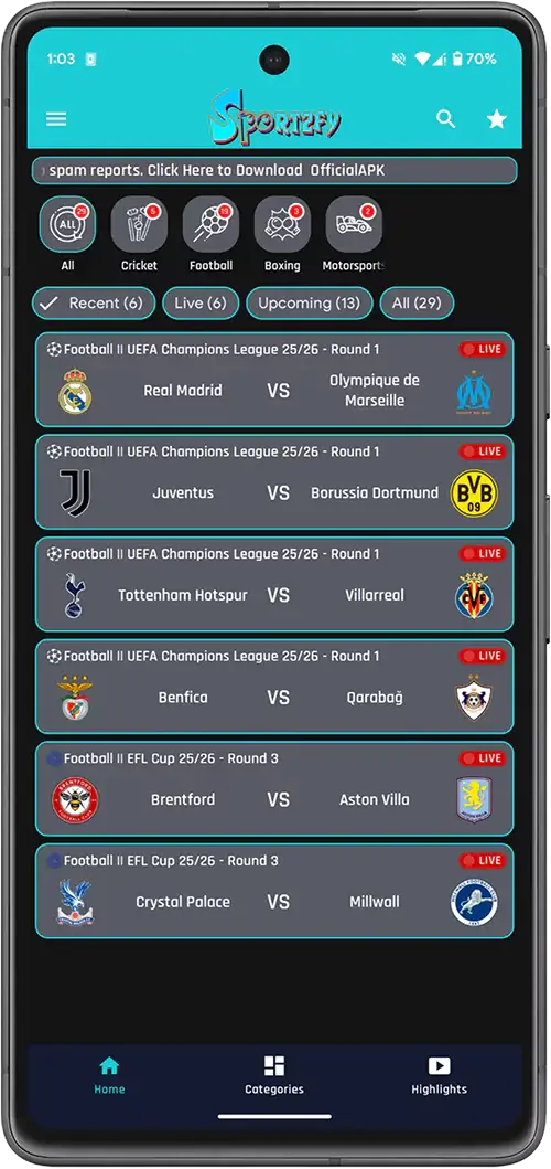 Sportzfy TV Home Screen